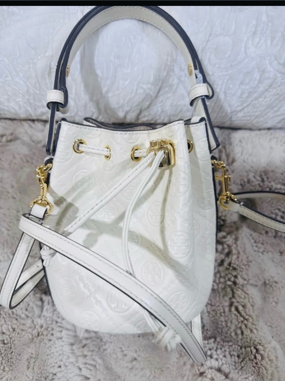 Tory Burch White Embossed Mini Bucket Bag with Gold Hardware